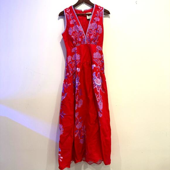 NEW NWT Farm Rio Porcelain Garden Floral Linen Midi Dress Size XS Red - Picture 4 of 8